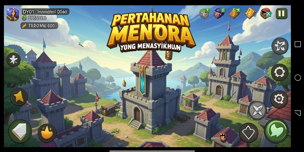 Screenshot gameplay DY01 yang memperlihatkan pertahanan menara yang kuat.