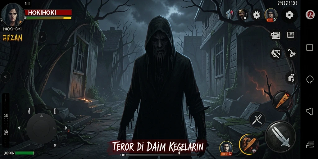 Screenshot HOKIHOKI menampilkan suasana mencekam yang membuat pemain merasakan teror.