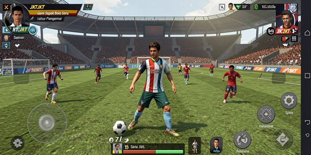 Tampilan gameplay <strong>JKTJKT</strong> yang mendebarkan di lapangan sepak bola.