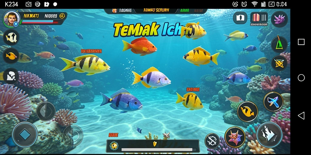 Screenshot gameplay K234 menampilkan aksi tembak ikan yang seru.