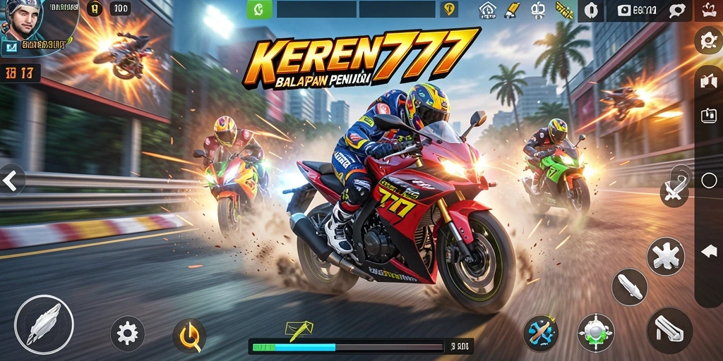 Screenshot gameplay KEREN777, menampilkan adegan balapan motor yang intens.