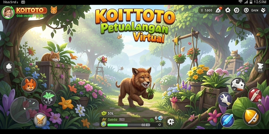 Screenshot gameplay KOITOTO dengan ladang hijau yang subur dan aktivitas panen.