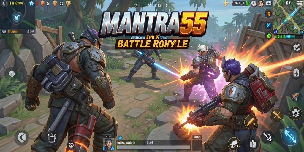 Tampilan gameplay epik dalam MANTRA55 saat pertempuran intens.