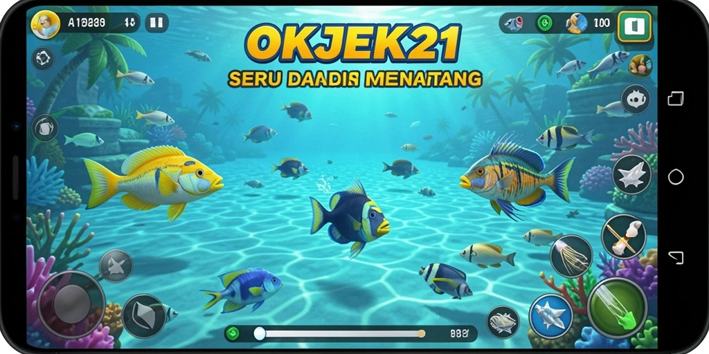 Tampilan aksi seru dalam gameplay Tembak Ikan OKJEK21.